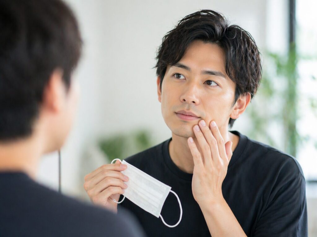 BBクリーム使用後にマスク着用を検討している様子
