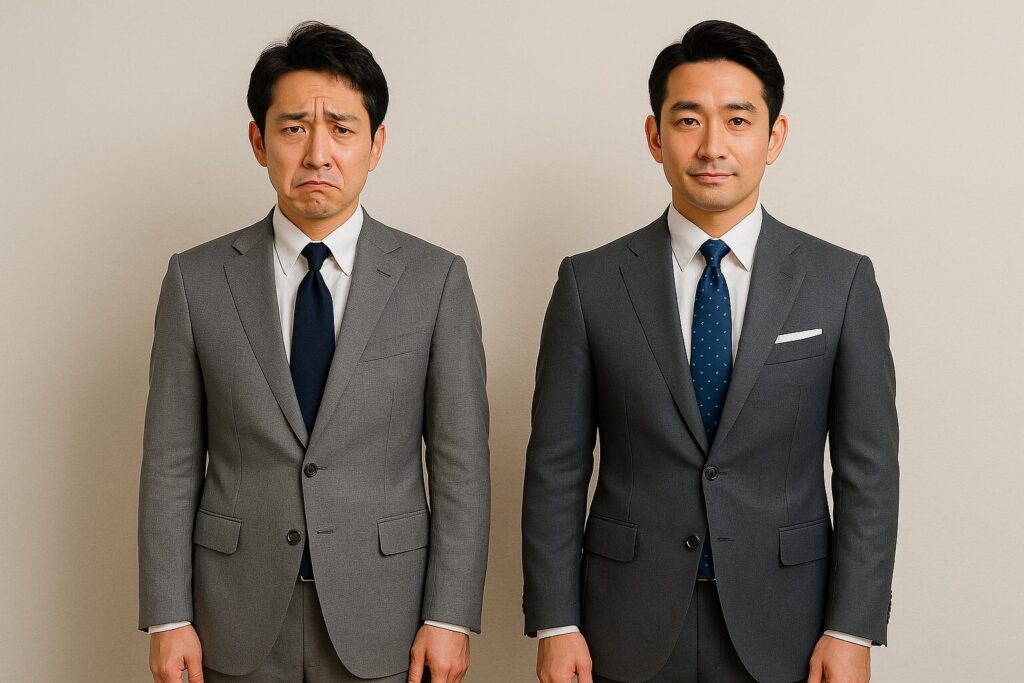 スーツのグレーで上下の色が微妙に違うとどう見える？失敗例と成功例