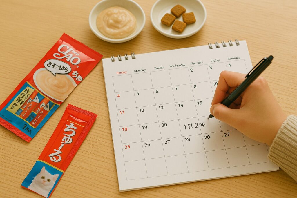 カレンダーとおやつの袋を並べて、飼い主が“1日2本”のメモを書いている。