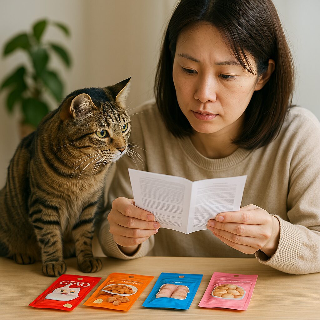 テーブルの上におやつのパッケージが並び、飼い主が説明書を確認している。