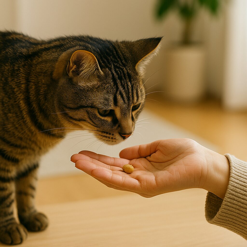飼い主が手のひらに小さなおやつを持ち、猫がそっと匂いを嗅いでいる瞬間。