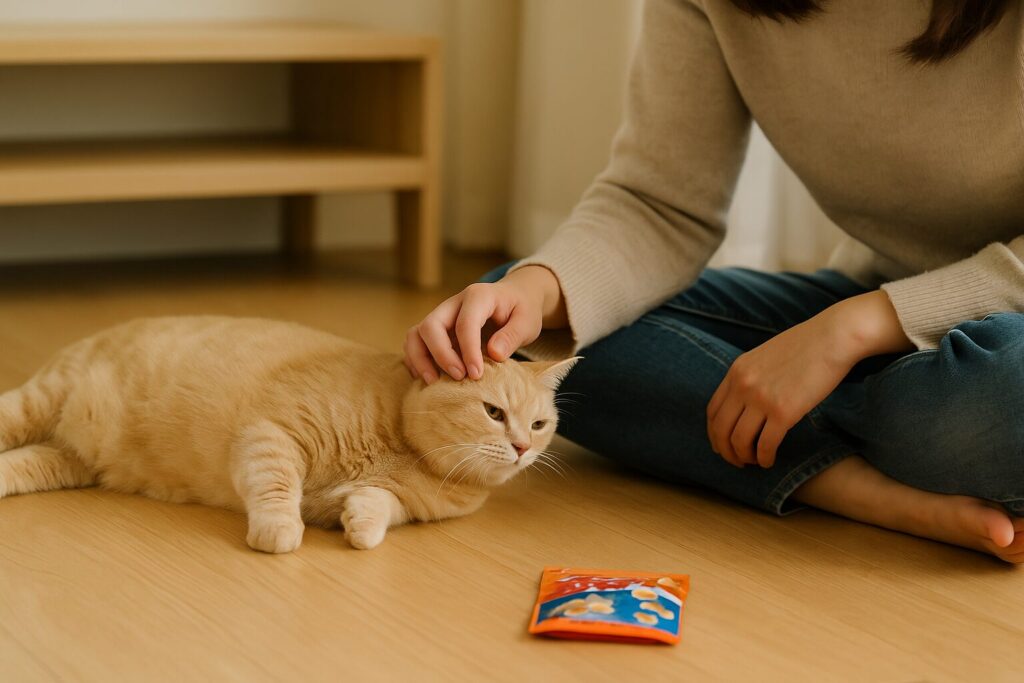 ぽっちゃりした猫が床に寝転び、飼い主が優しく撫でている。