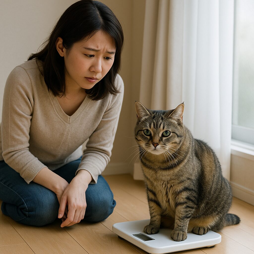 体重計に乗る猫。飼い主が横で心配そうに覗き込む。