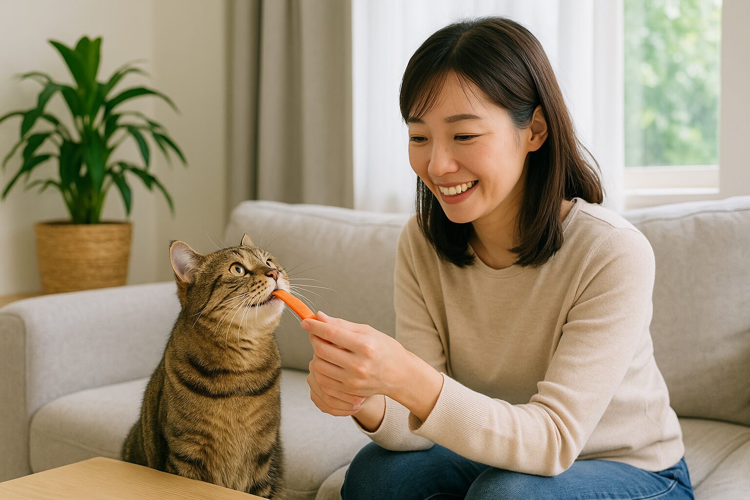 飼い主がソファに座り、猫におやつをあげている。