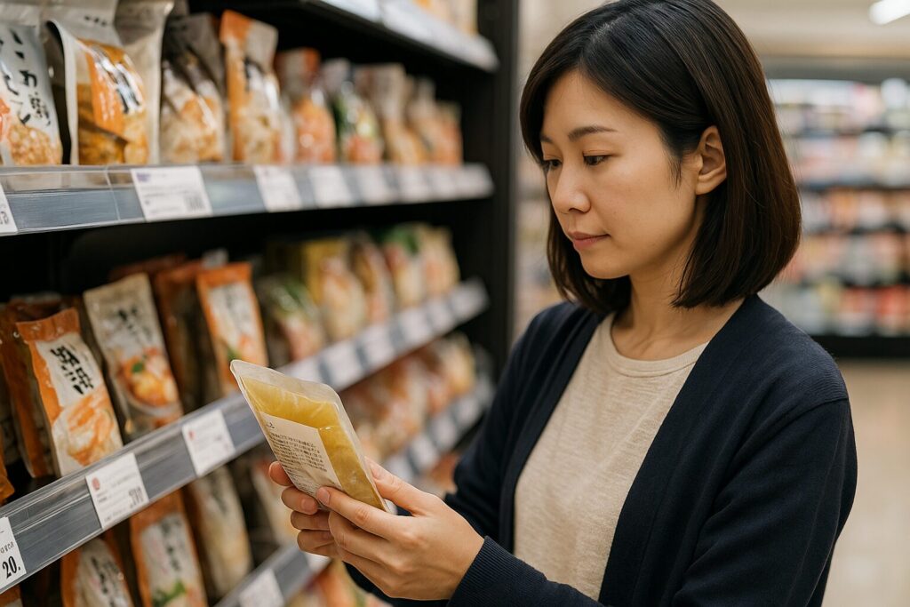 売り場のスープパックを手に取り、ラベルを見ている構図