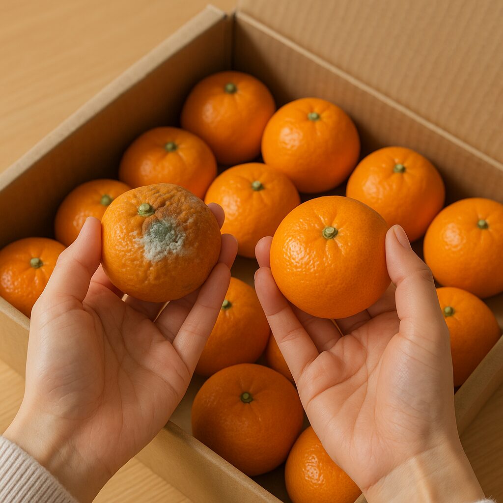 カビ対策（傷んだ果実を取り除く手のアップ）