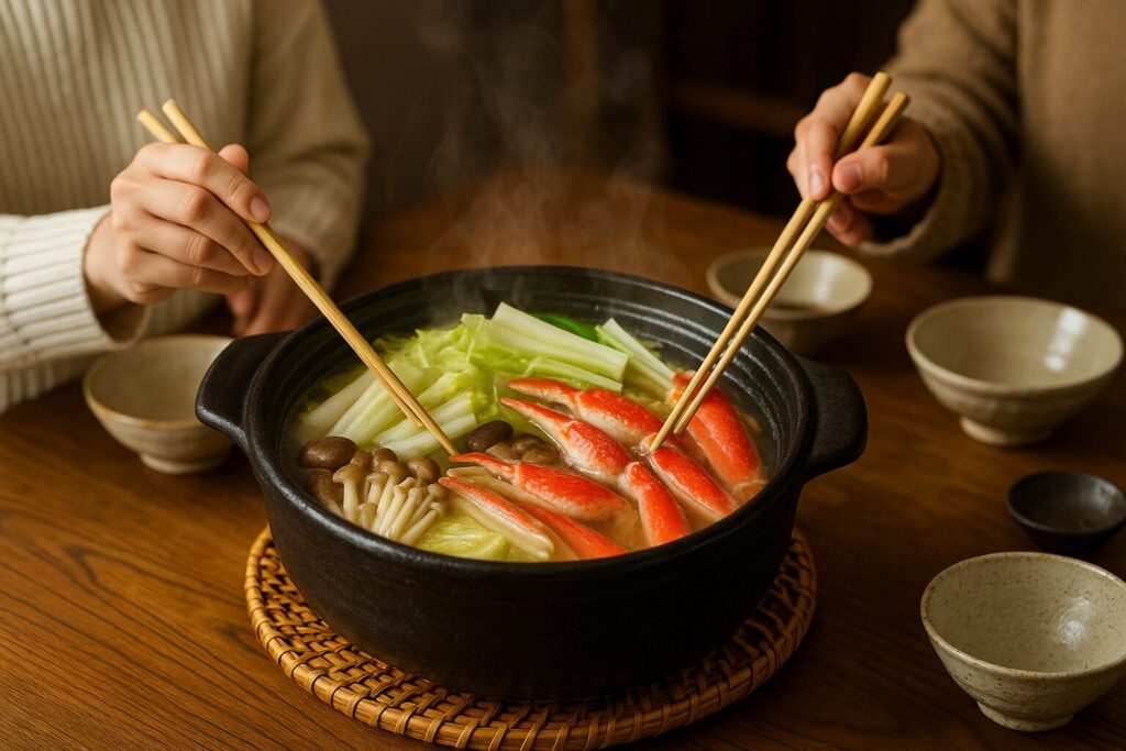 和風の食卓に湯気の立つ蟹鍋。白菜・ねぎ・きのこが確認できる構図。