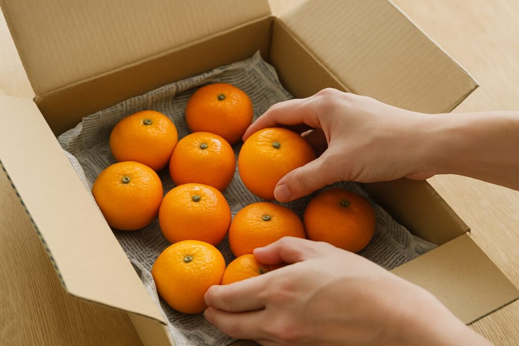 段ボール箱の底に新聞紙を敷き、みかんをヘタ下向きに並べている手元アップ。