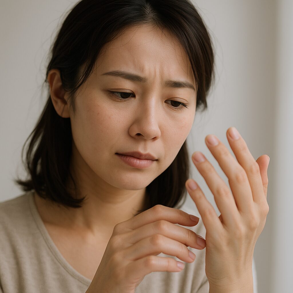 手肌を気にする女性の表情アップ