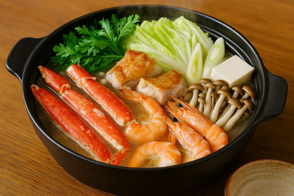:カニ・鶏肉・エビ・豆腐・野菜など、寄せ鍋の具材が彩りよく並ぶ。
