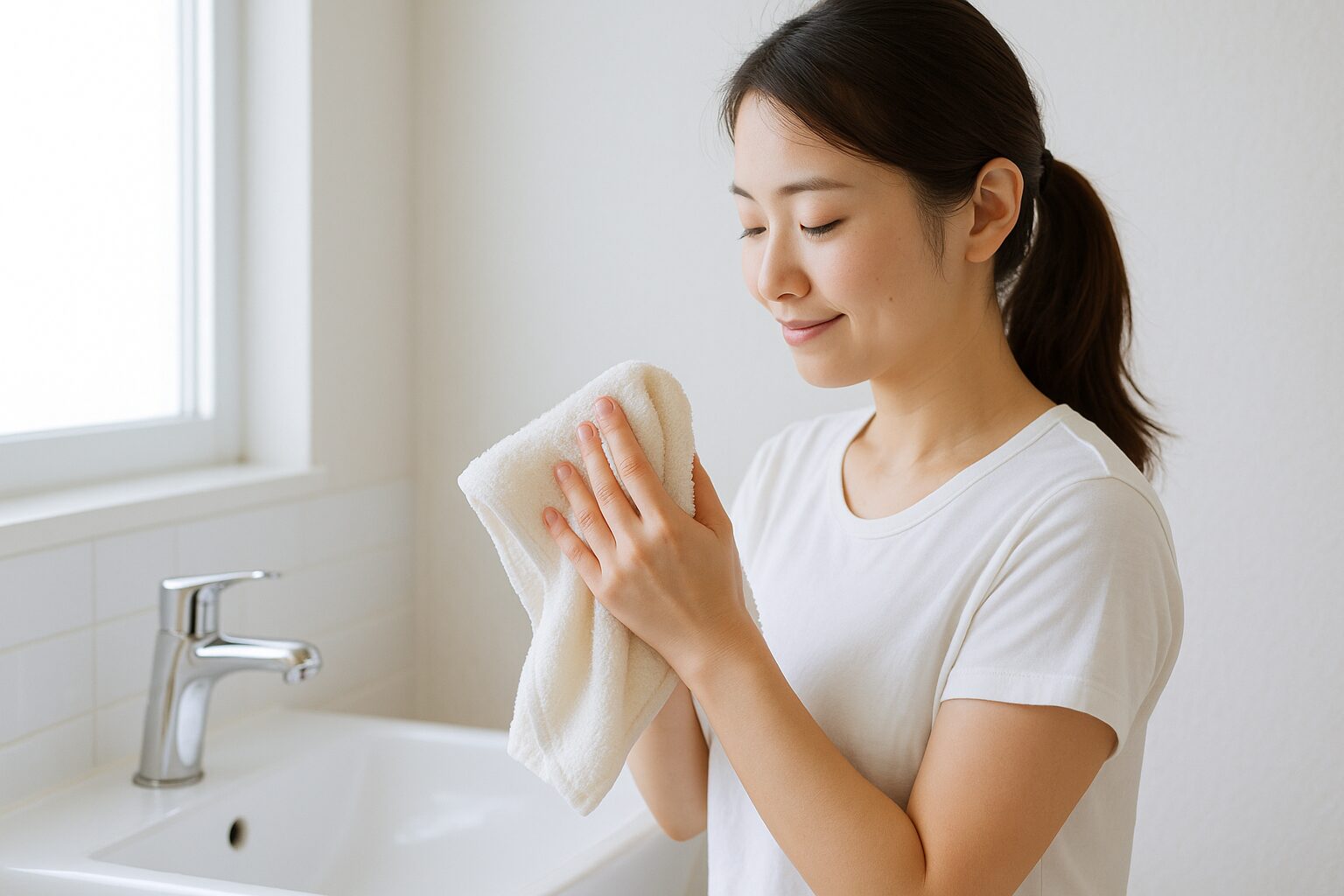 洗面所で手拭きを使うシンプルなシーン