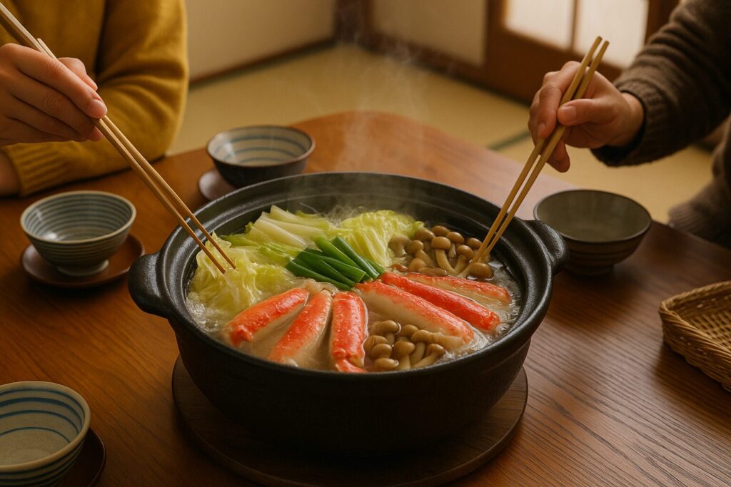 和風の食卓に湯気の立つ蟹鍋。白菜・ねぎ・きのこが確認できる構図。