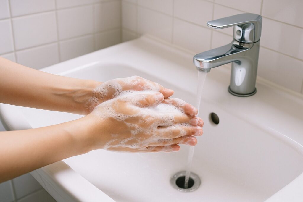 清潔な洗面台の手元アップ