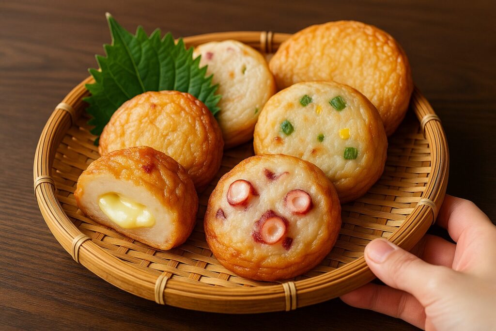 木製の和皿に数種類の磯揚げ風の練り物を盛り付け