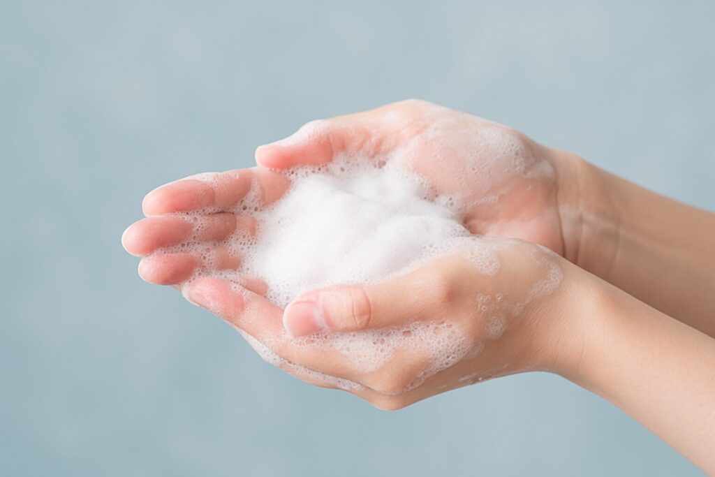 泡で包まれた手のアップ