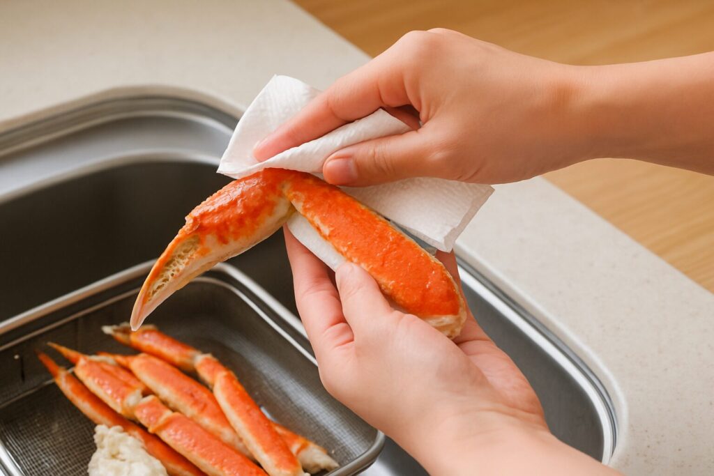 カニの殻を軽く洗い、ペーパーで水気を拭き取る手元。