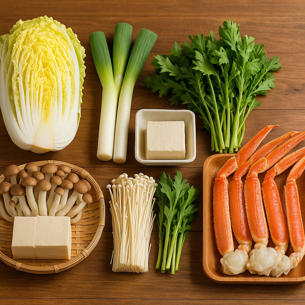 白菜・長ねぎ・豆腐・しめじ・えのき・春菊・蟹の脚を木のテーブルに並べる。