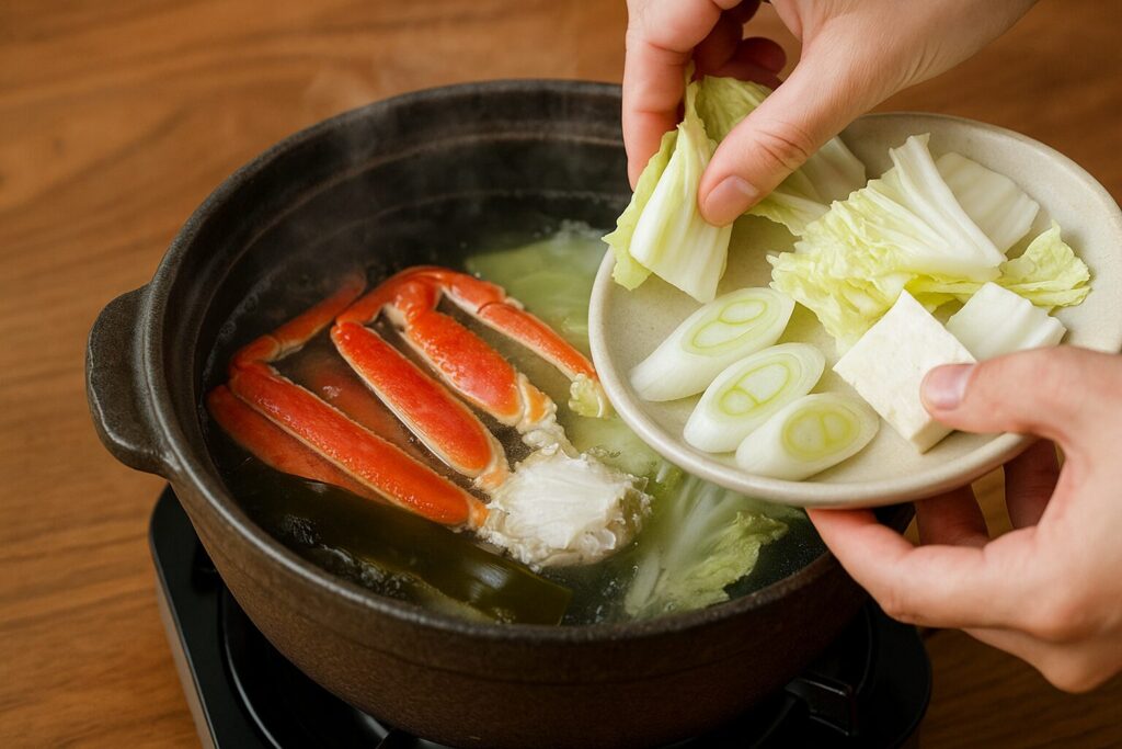 白だしと昆布で沸いた鍋に白菜・ねぎを投入している手元。