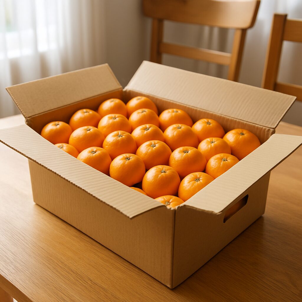 10kgのみかん箱を開いた状態で、ぎっしり詰まったみかんが見える構図。