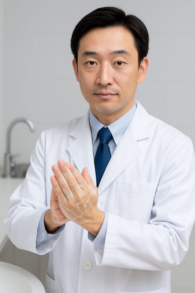 白衣の専門家が手洗いを推奨するイメージ