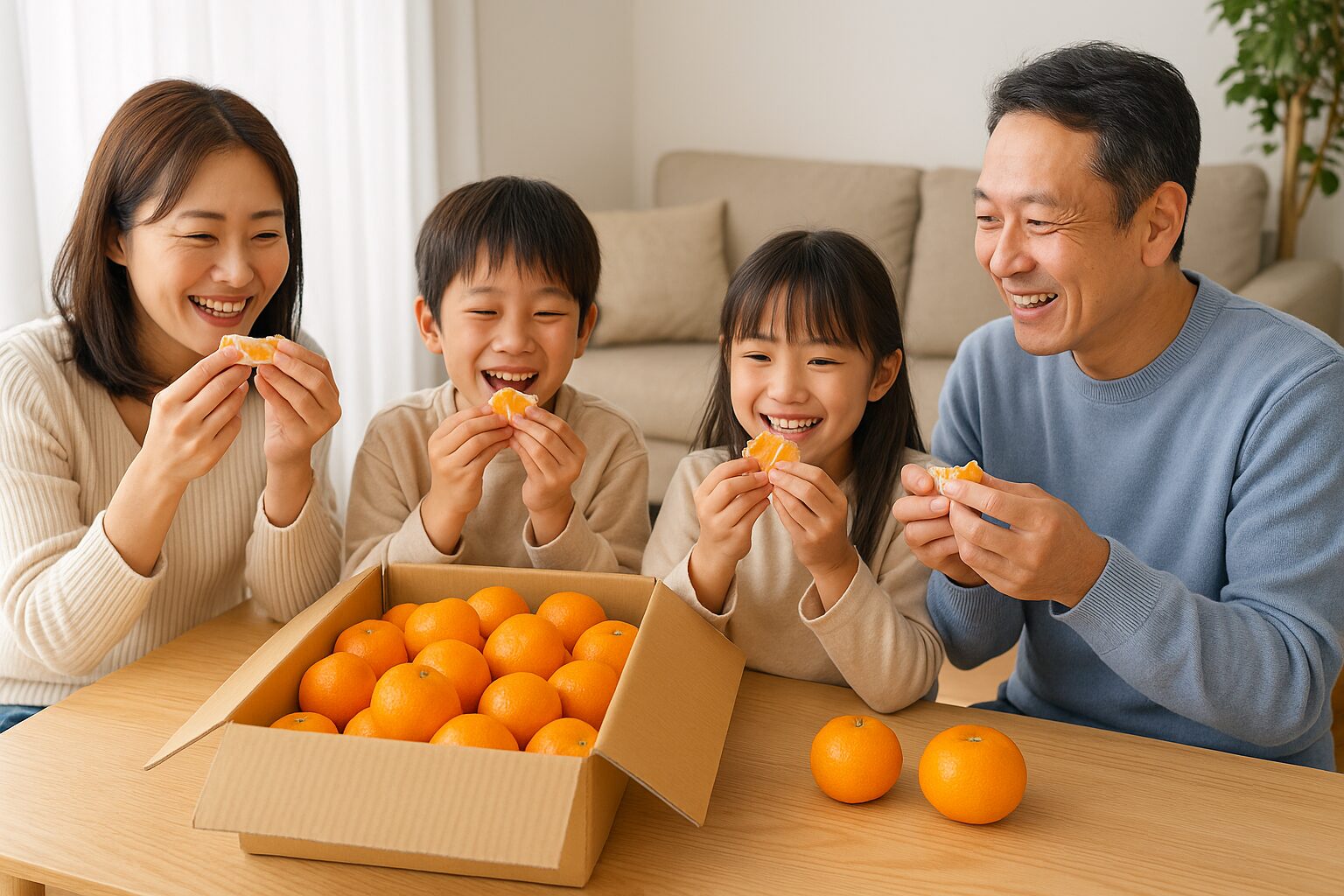 家族（3〜4人）がみかんを囲んで笑顔で食べている。