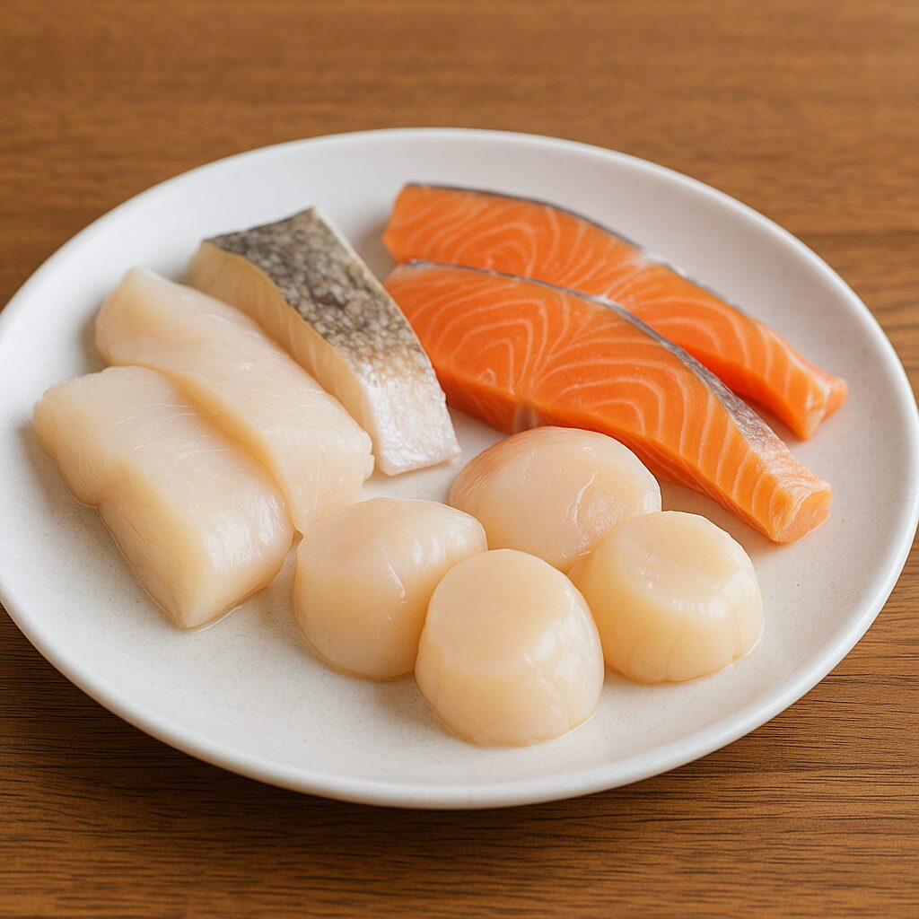 タラ・鮭・ホタテなどを清潔な皿に軽く並べる。