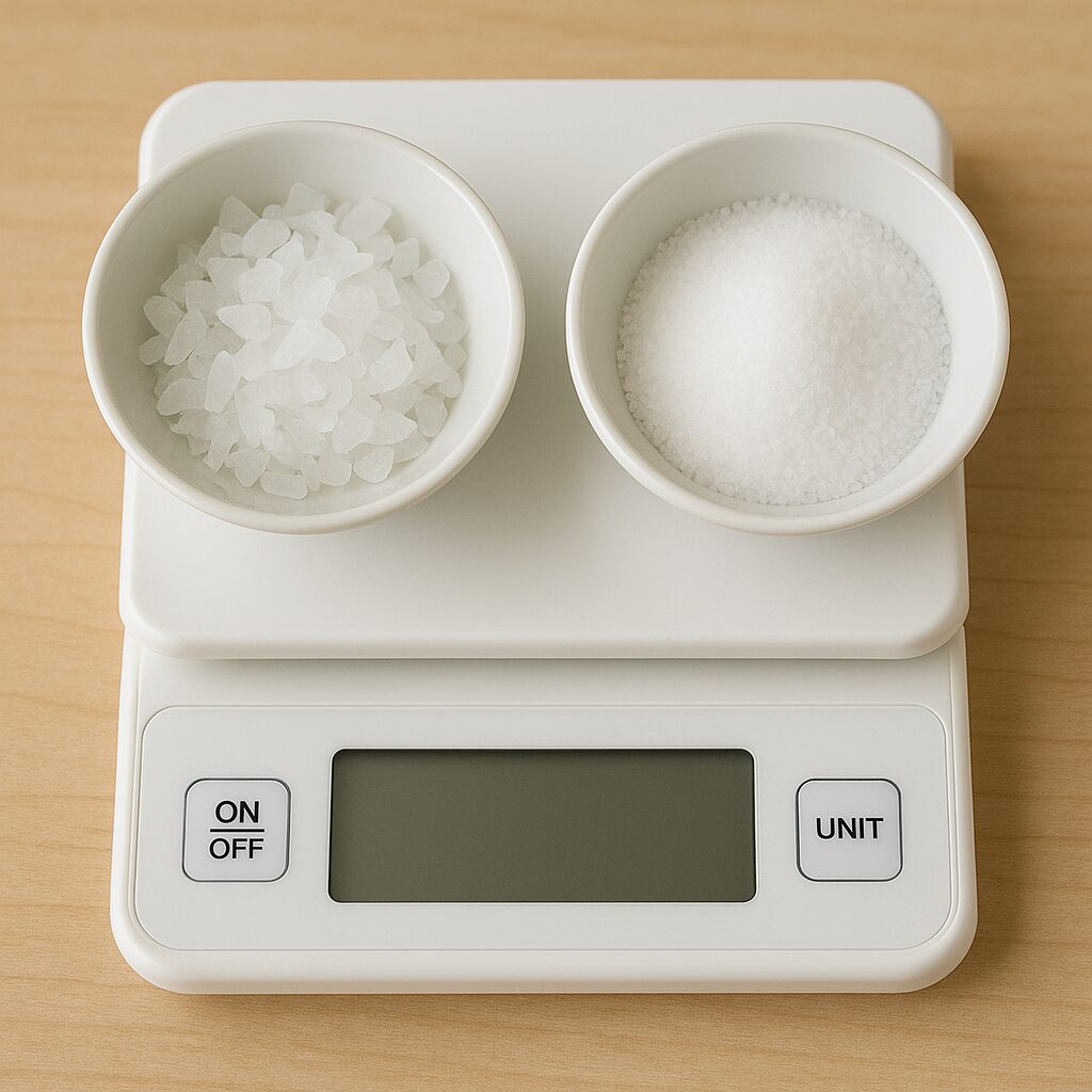 成分を量るキッチンスケールの上にフレーク状と粉末状の素材