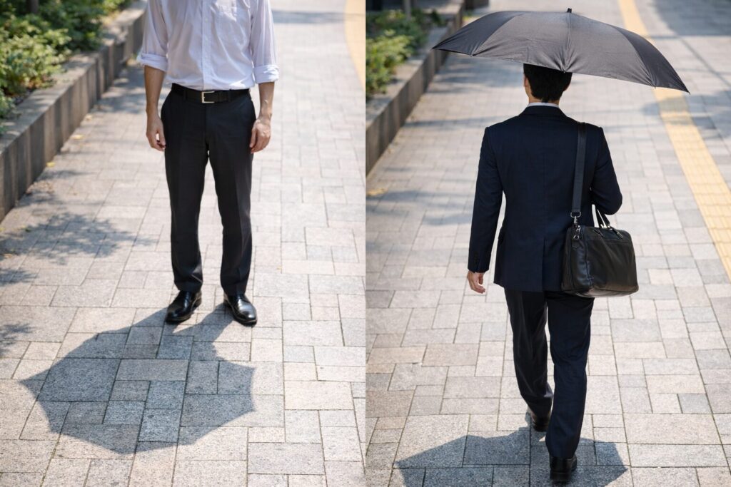 夏の強い日差し+日傘で影ができている比較構図