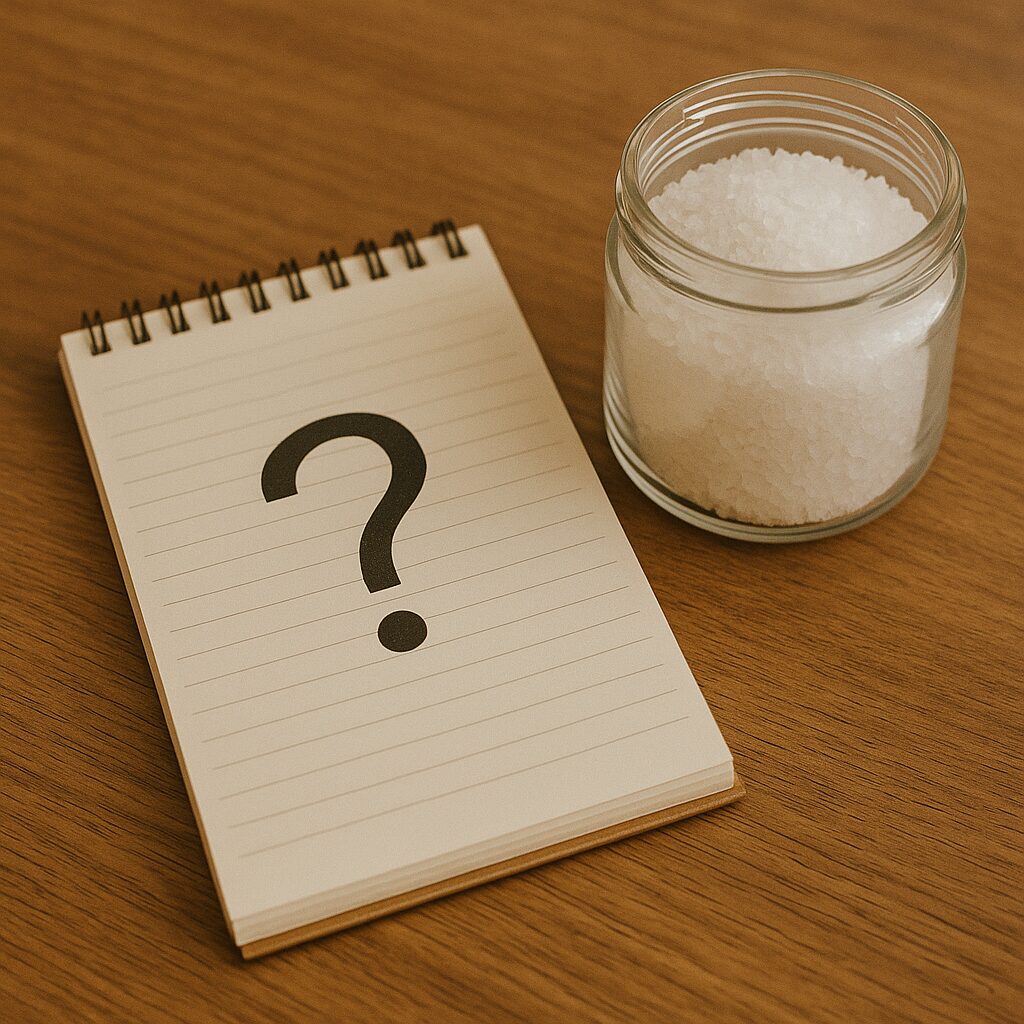 ノートやメモに書かれた「?」マーク 机の上にバスソルト