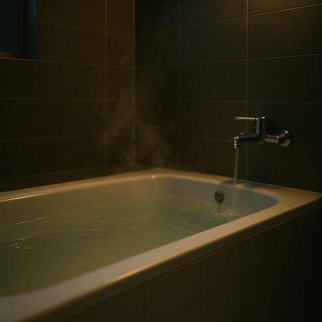 夜の浴室で湯気が立つ湯船を横から撮影(