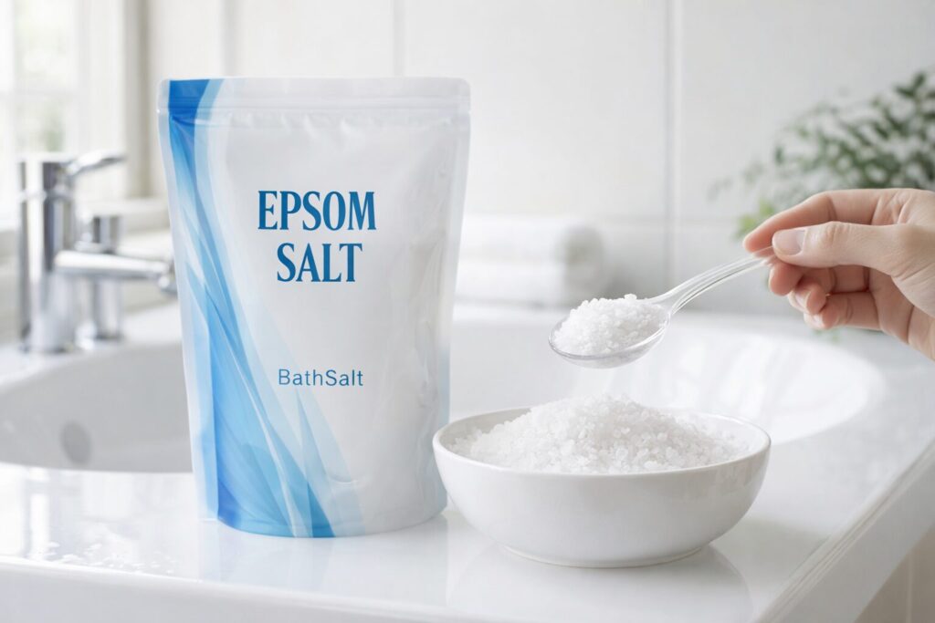 洗面所または浴室で、エプソムソルトのパッケージと中身(白い結晶)が自然光で映る写真。