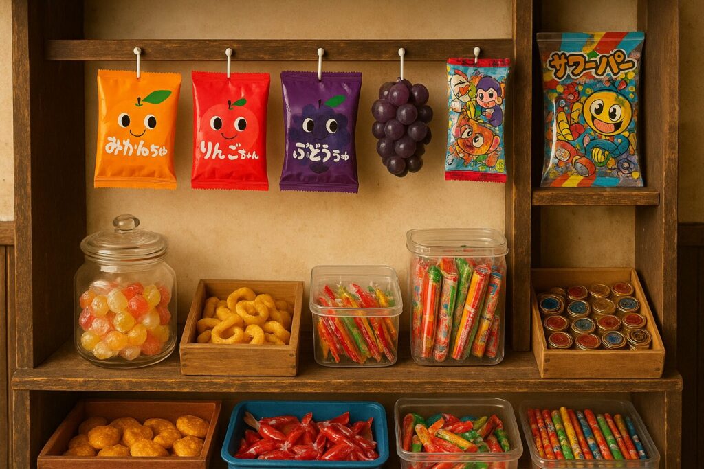 昔ながらの駄菓子屋風の棚イメージ。