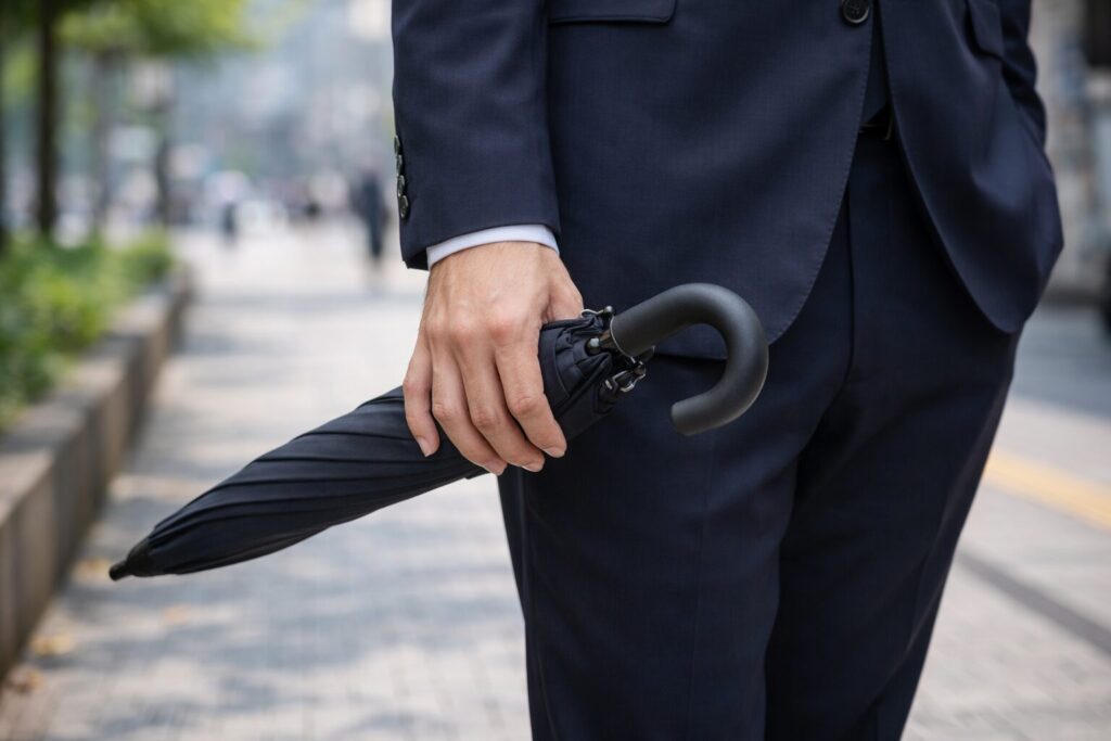 男性用日傘を閉じた状態で手に持っているカット