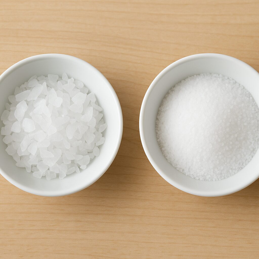 白いボウルに入った2種類の白い結晶(粒感が異なる)を並べて俯瞰撮影