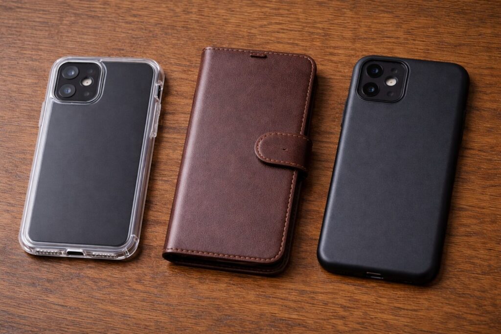 クリアケース・手帳型・薄型ケースを並べた比較構図