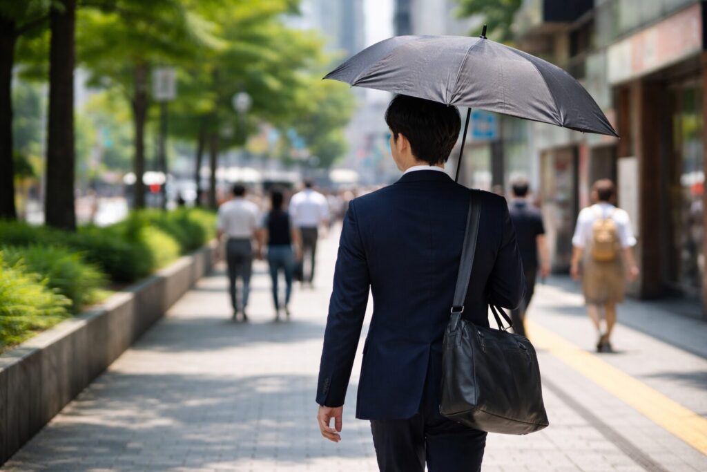 男性が日傘をさしている。周囲にも人がいて「普通感」を演出