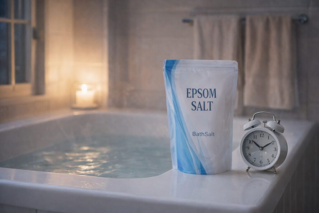 夜のバスルームに置かれたエプソムソルトと時計。