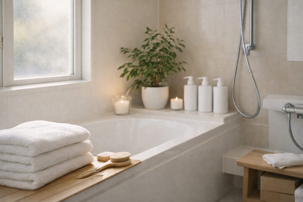 タオルや観葉植物が置かれ、やわらかな自然光が入っている。安心感と納得感を感じる空間。