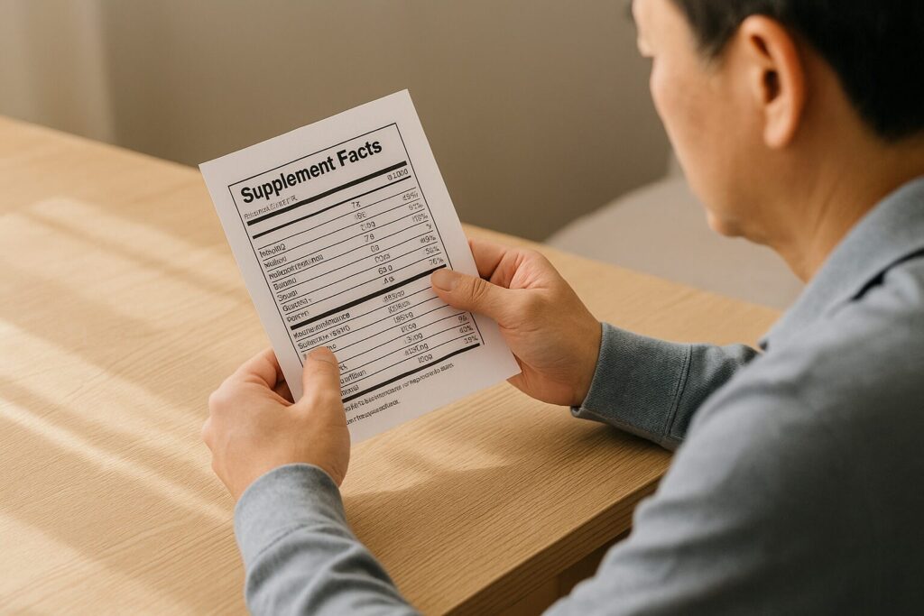 栄養成分表を手にしてチェックしている男性の手元。
