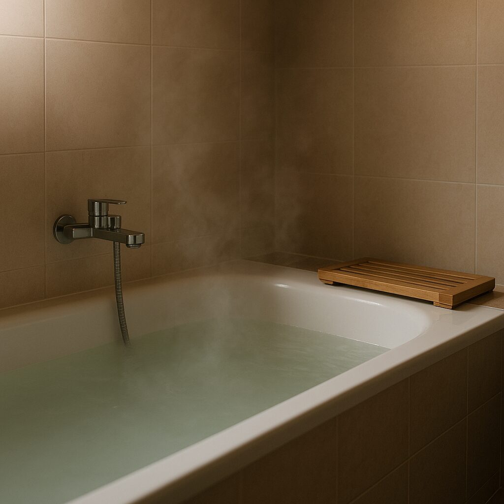 湯気の立つ浴室のみの写真