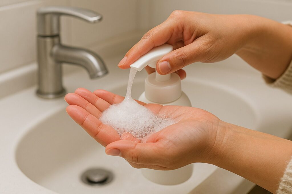 液体タイプを出して泡立てているシーン