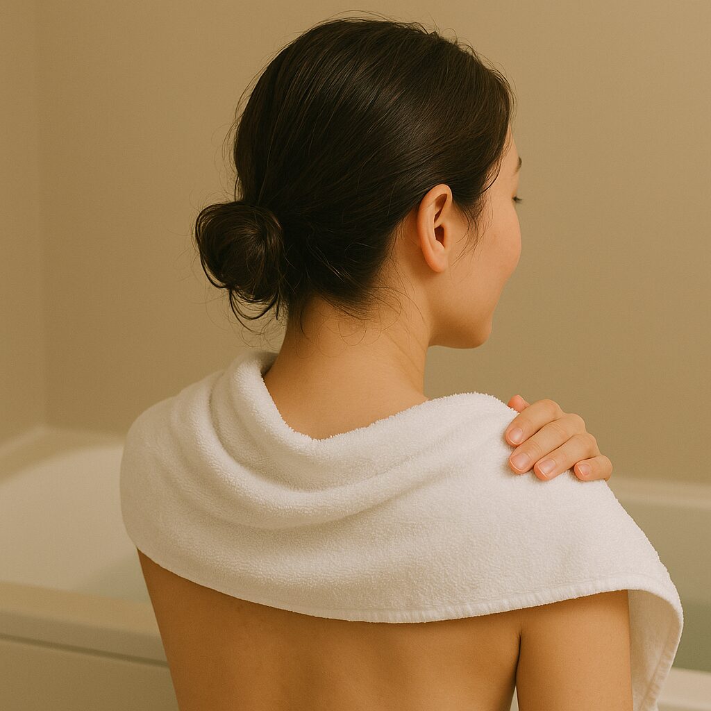 入浴後にタオルを肩にかけてリラックスしている後ろ姿