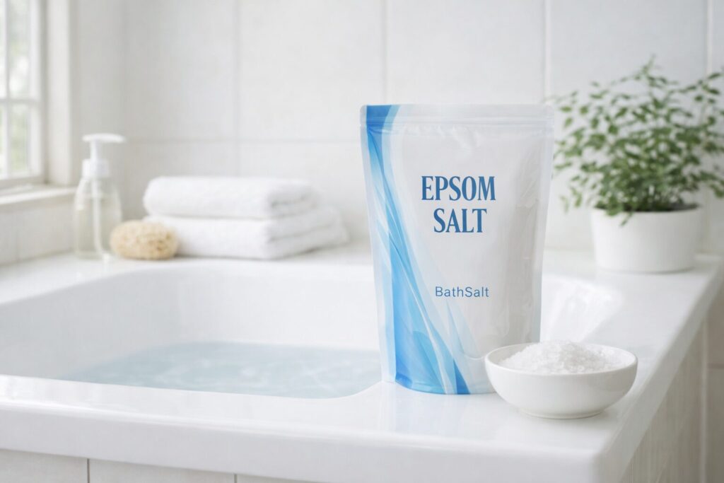 白を基調としたバスルームに、エプソムソルトの袋とタオル・観葉植物。 清潔感・ナチュラル感を重視。