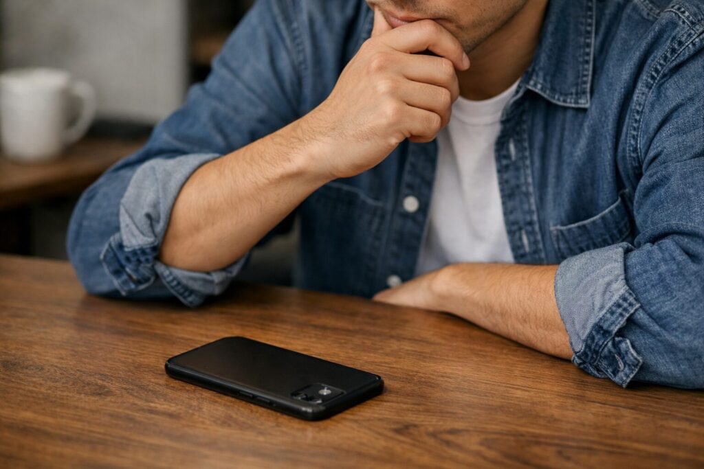 スマホを裏返して見つめて悩んでいる男性