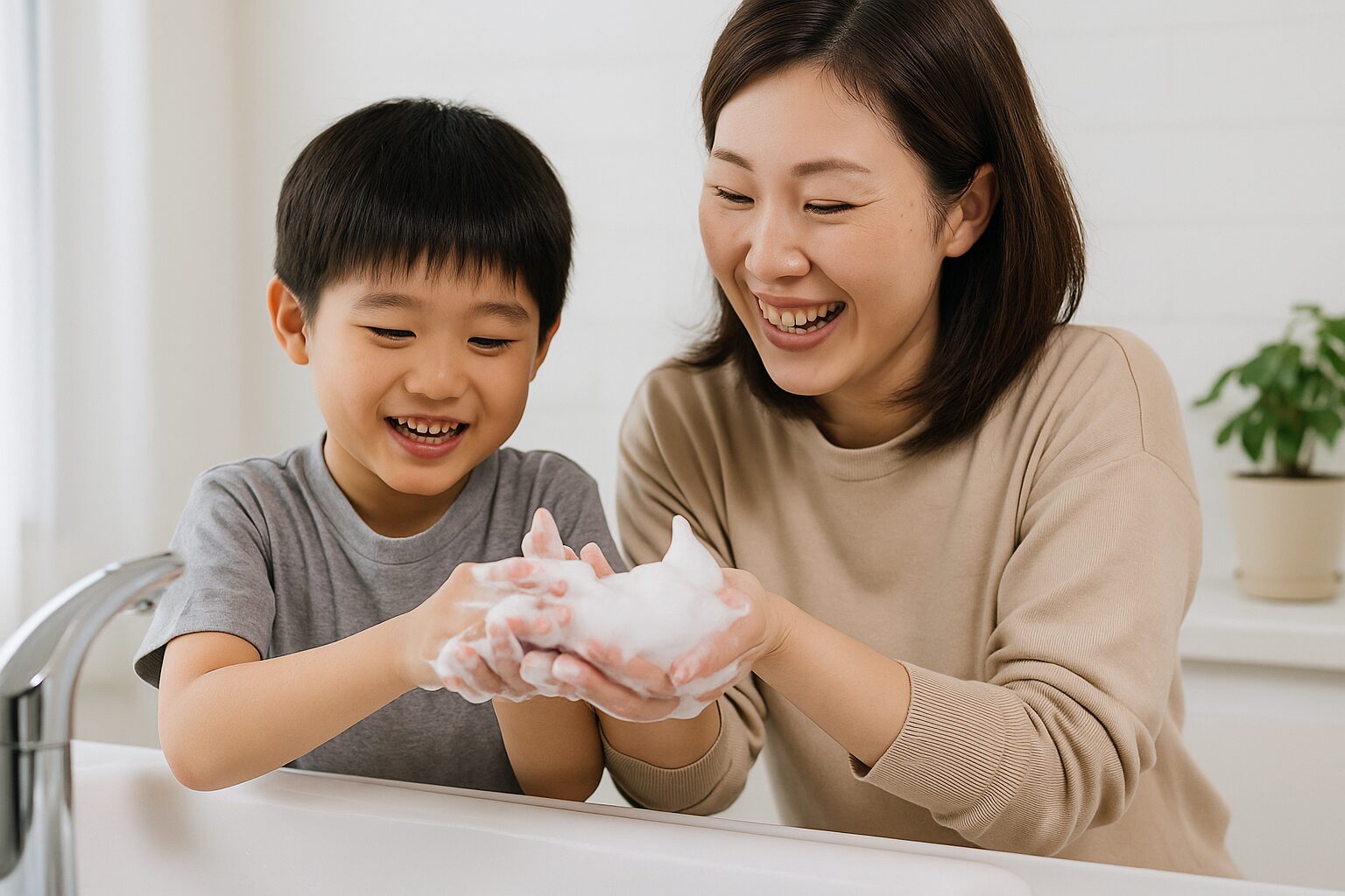 家族（親子）が一緒に手を洗っているシーン