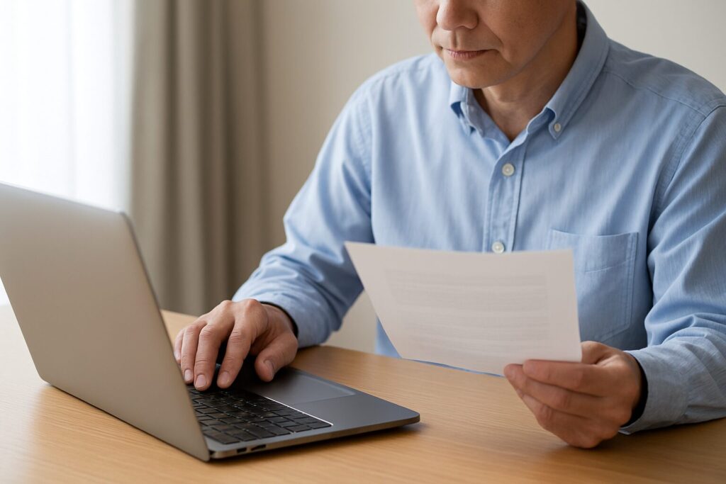 日本人男性がノートパソコンで資料をチェックしている手元の写真。