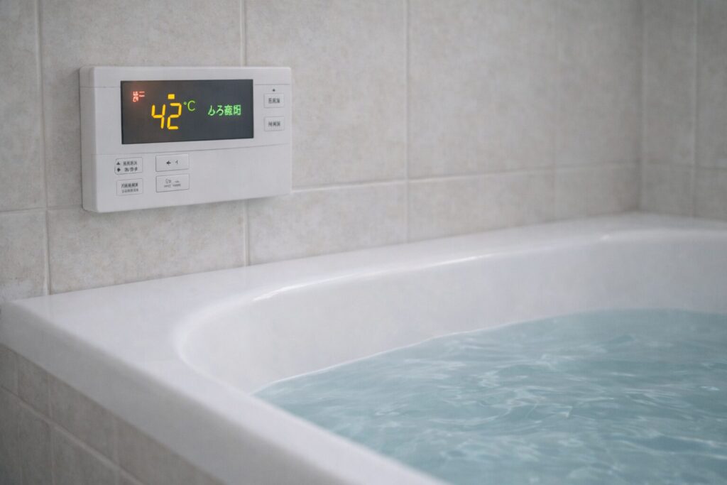 給湯リモコン(電源ON表示)+浴槽の縁。