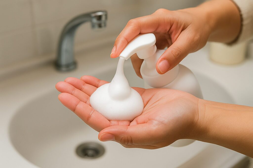 泡タイプを片手に出した瞬間の手元アップ