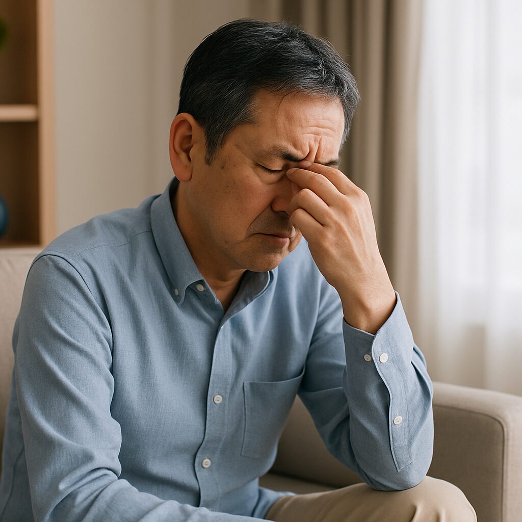 日本人男性(40〜60代)が部屋で少し疲れた表情で座っている。