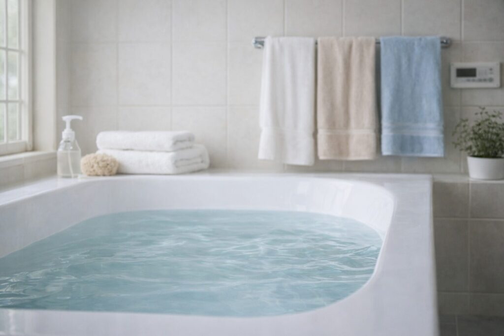 広めの浴室、タオルが複数掛けられている家庭的な雰囲気。 人は写さず生活感のみ。